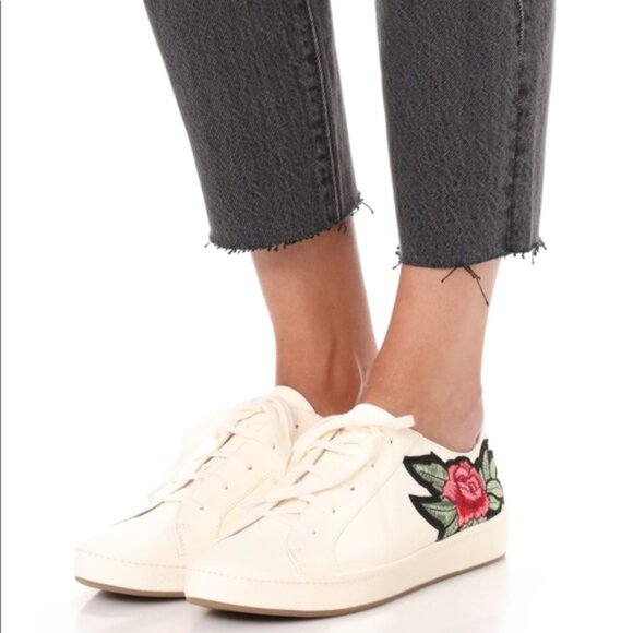 Joie Daryl Floral Embroidered White Leather Sneakers Low Top Rose Ivory 9US 39EU - Picture 2 of 8